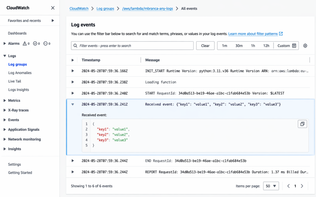 CloudWatch Logs console displaying the /aws-dynamodb/imports log group with error entries from a DynamoDB S3 import job, showing partition key of failed record, error message indicating attribute type mismatch, and source S3 object file path