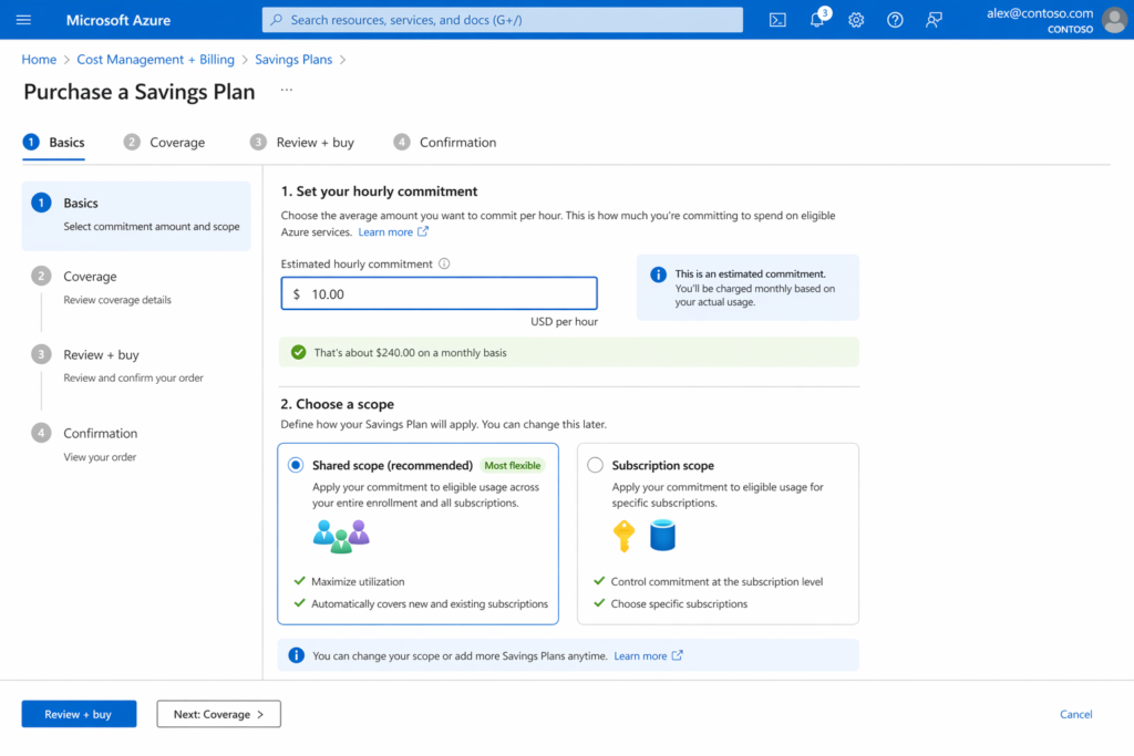 Azure Database Savings Plan purchase interface displaying hourly commitment amount field, 1-year term selection, and billing scope dropdown menu in Azure Portal