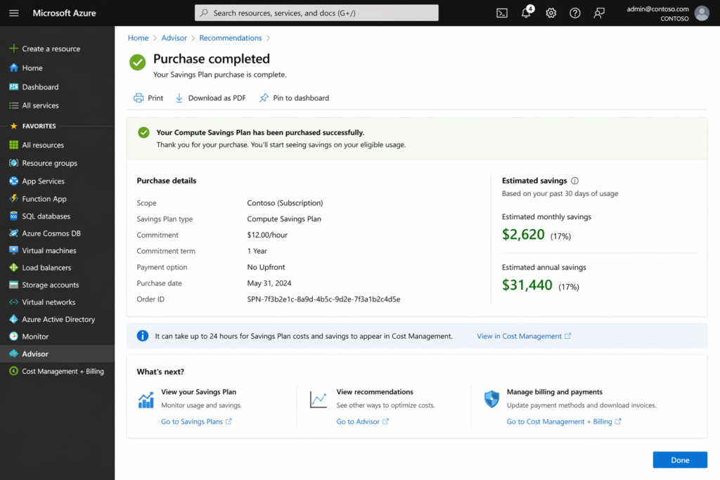 Azure Database Savings Plan purchase confirmation page displaying hourly commitment, annual cost, selected scope, payment option, and projected 12-month savings amount