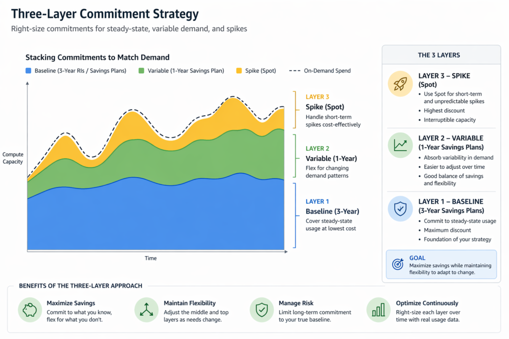 Three-tier commitment layering strategy showing stable baseline covered by 3-year Savings Plans, variable usage by 1-year Savings Plans, and spike traffic by Spot Instances