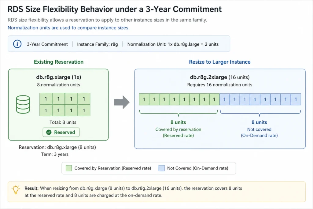 RDS reserved instance size flexibility diagram showing a 3-year db.r8g.xlarge reservation providing 8 normalization units, with an arrow showing an instance resize event to db.r8g.2xlarge requiring 16 units, and the resulting billing split where 8 units are covered at the 3-year reserved rate and the remaining 8 units revert to on-demand pricing, illustrating the partial coverage behavior of size flexibility during upscaling