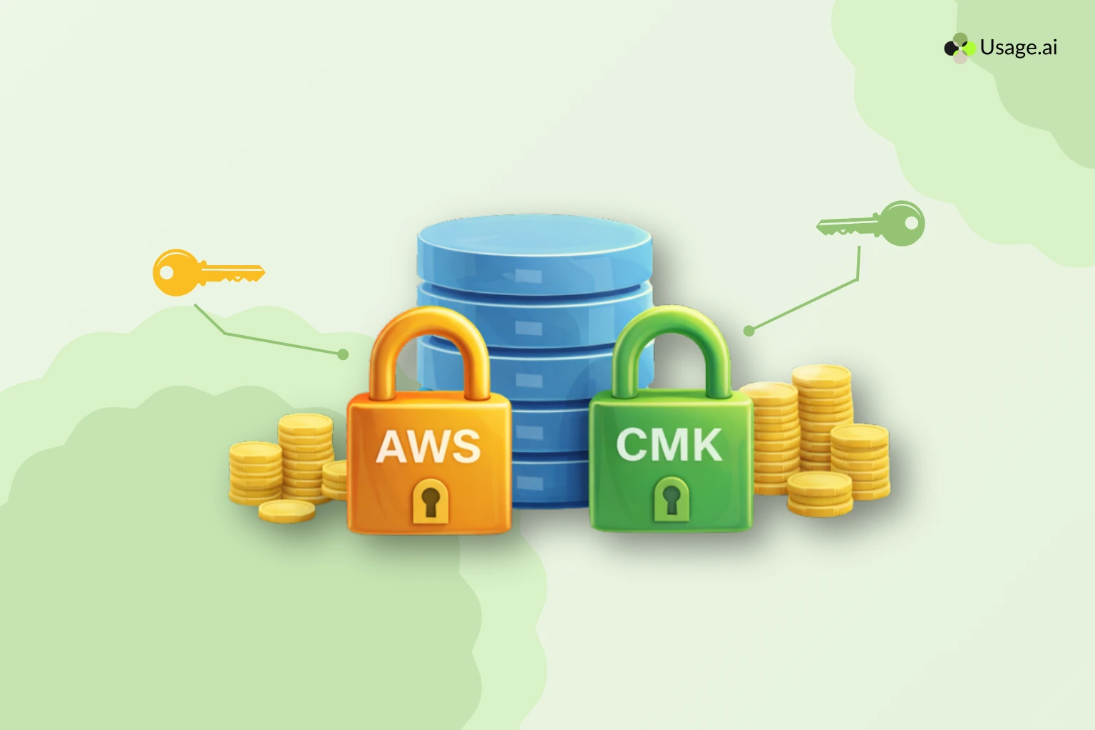 AWS DynamoDB encryption comparison showing AWS-owned keys vs customer-managed KMS keys (CMK), with database, locks, and cost coins representing pricing differences.