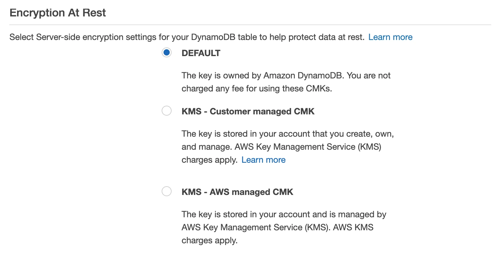 Illustration of DynamoDB console "Additional settings" tab showing the Encryption section with "AWS owned key (default)" selected and a "Manage encryption" button. 