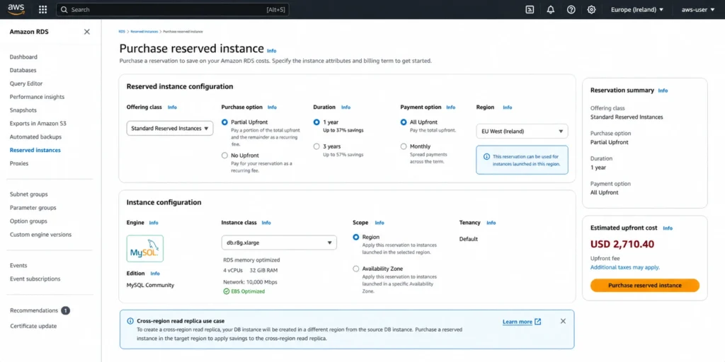 Amazon RDS console Reserved Instances purchase interface in the EU West region, with the engine selector set to MySQL, instance class set to db.r8g.xlarge, deployment type set to Single-AZ (matching the cross-region read replica configuration), term set to 1 year, and payment option set to Partial Upfront, with the Reservation Details panel showing the estimated monthly savings from applying the reserved instance to the cross-region replica